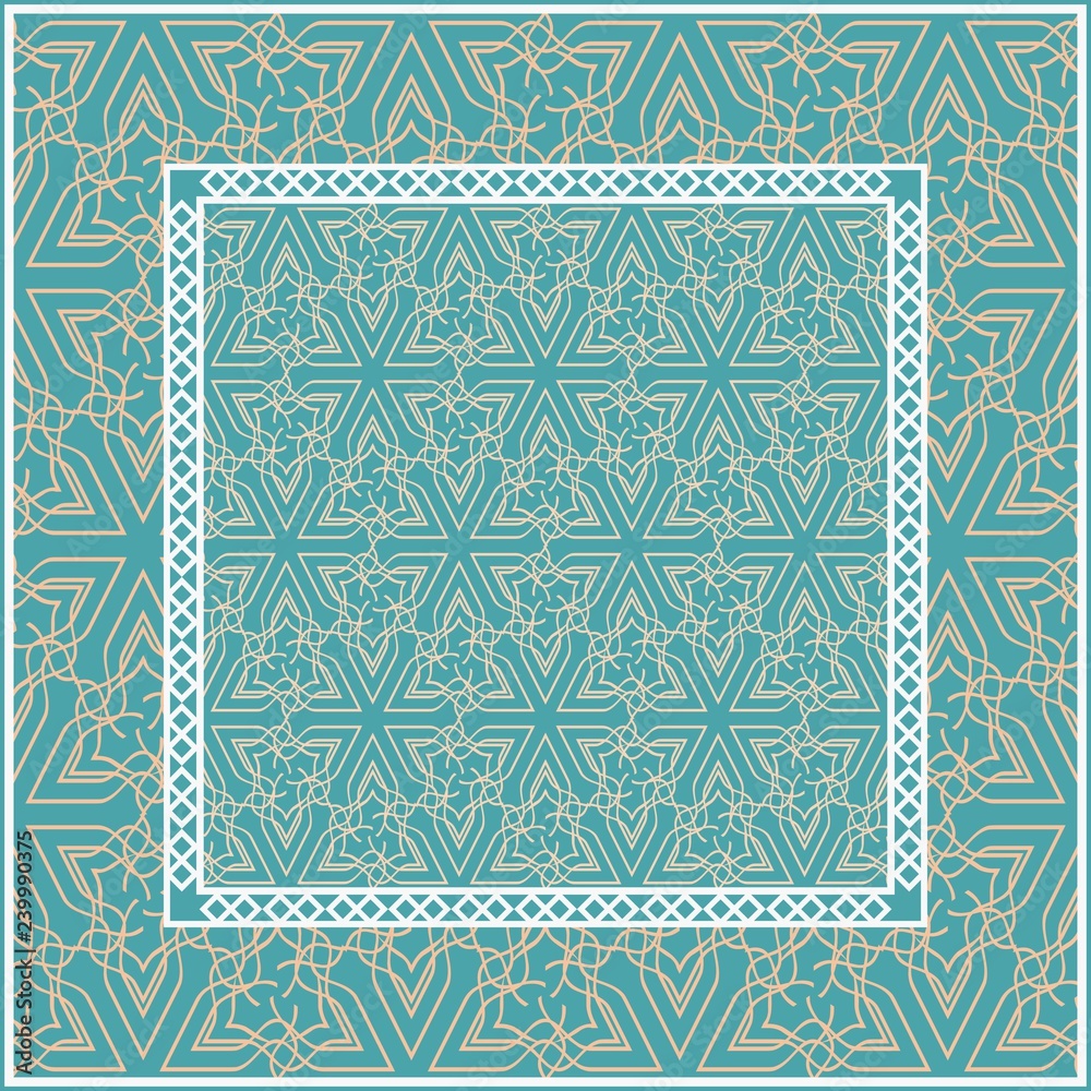 Obraz premium Design with abstract hand drawn geometric pattern with decorative element. Vector illustration. Template design for card, shawl, bandanna, fashion print. Blue.