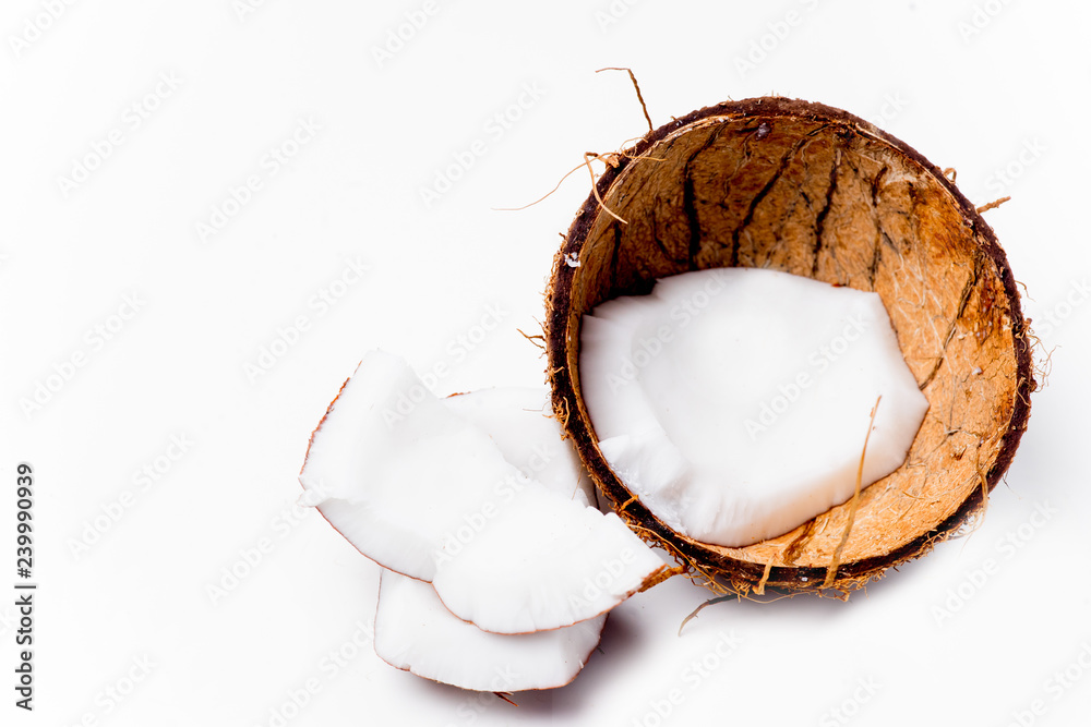 fresh open coconut on a white background