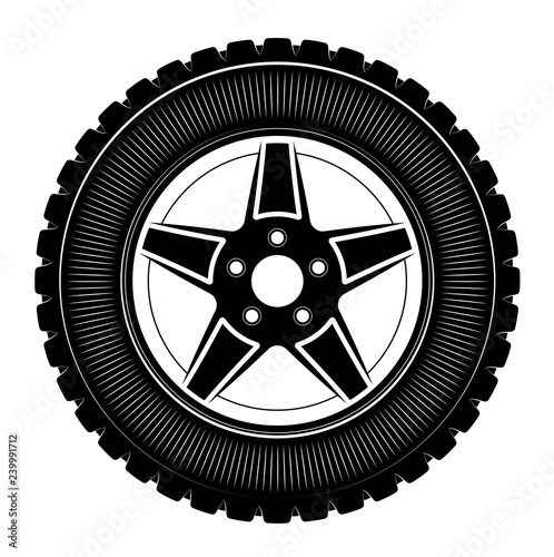 Wheels and tires are black. For a logo or emblem of a tire store or car workshop. For tire fitting.