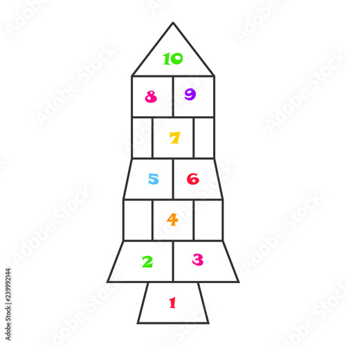Rocket shaped hopscotch child leisure game with colorful numbers.