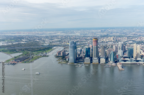 aerial view of new york buildings and atlantic ocean, usa