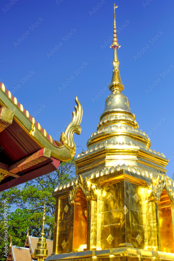 Fototapeta premium Thai pagoda covered with gold cut with blue sky. 