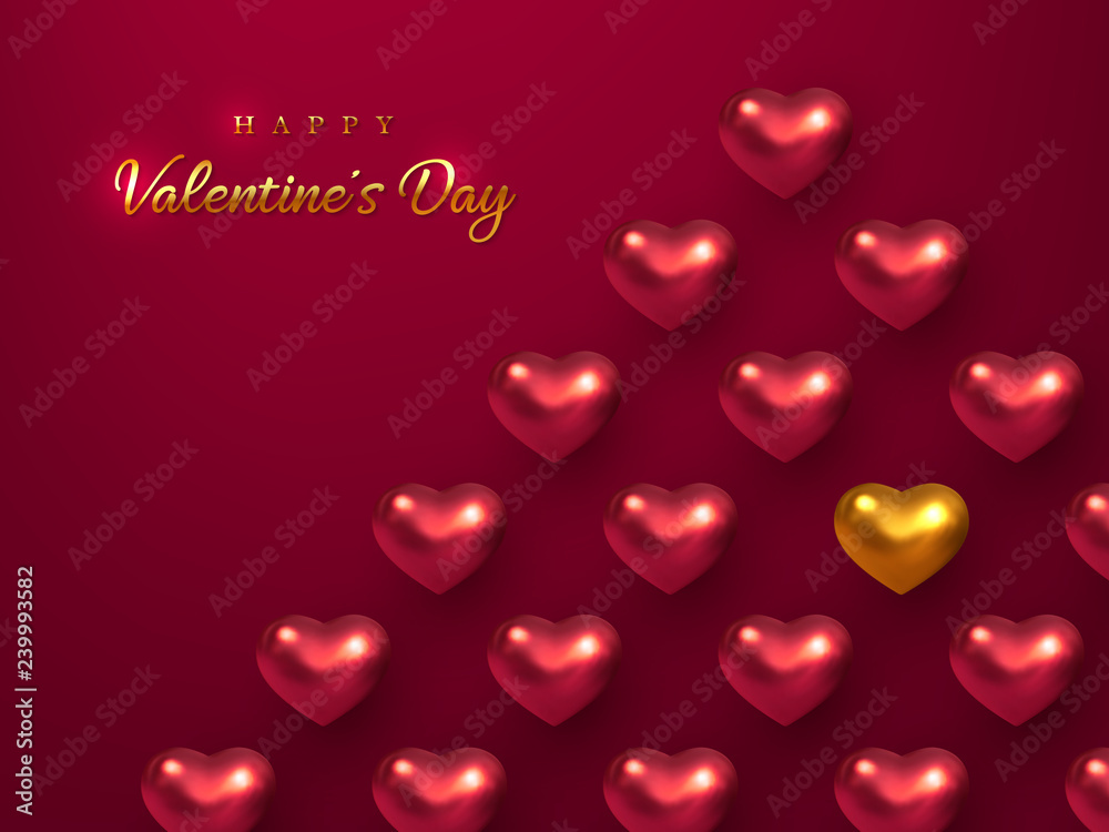 Valentines day holiday design. 3d metallic glossy hearts with greeting golden text on vinous background. Vector illustration.