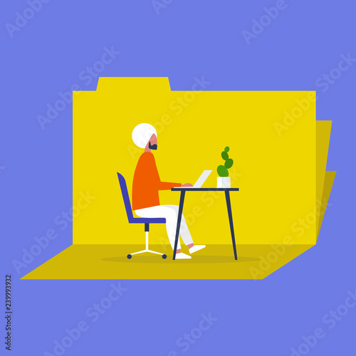 Young male indian character working in the office. Furniture. Cabinet. Workspace. Millennials at work. Cloud technologies. Folder sharing. Open source.