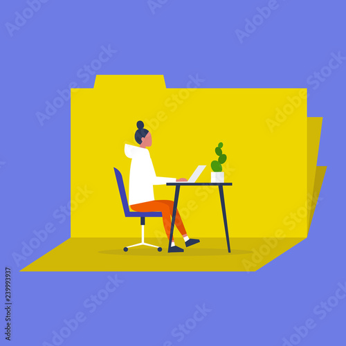 Young female character working in the office. Furniture. Cabinet. Workspace. Millennials at work. Cloud technologies. Folder sharing. Open source.
