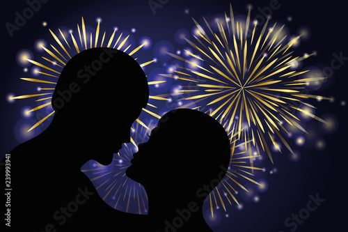 romantic kiss and golden shiny new year firework at night vector illustration EPS10