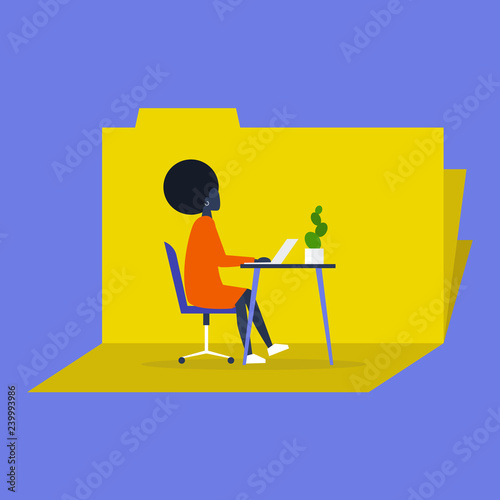 Young female black character working in the office. Furniture. Cabinet. Workspace. Millennials at work. Cloud technologies. Folder sharing. Open source.
