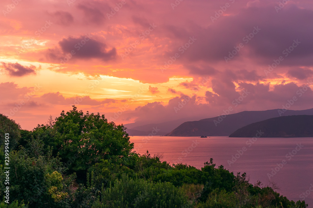 Beautiful purple sunset on Elba Island. Tuscany, Italy