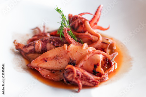 Stewed squid. Italian recipe, Italian cuisine.