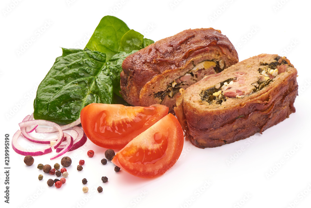 Homemade Baked Meatloaf with herbs, tomatoes and spices, isolated on white background. Close-up
