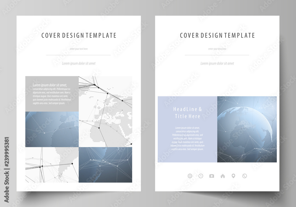 The vector illustration of the editable layout of A4 format covers design templates for brochure, magazine, flyer, booklet, report. World globe on blue. Global network connections, lines and dots.