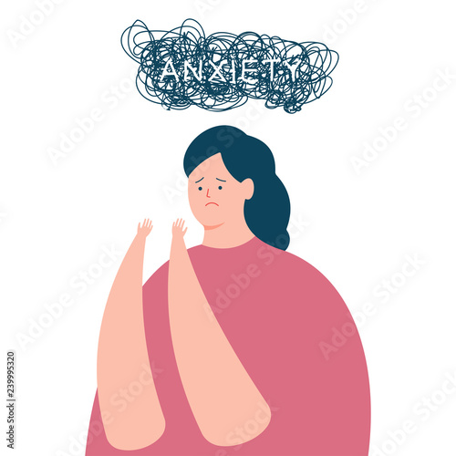Anxiety vector concept illustration with sad woman and doodle cloud isolated on a white background.
