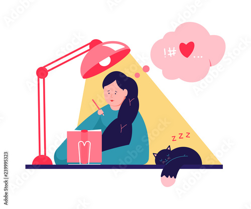 Cute girl writing in journal or diary. Vector cartoon illustration with woman at the table and sleeping cat.