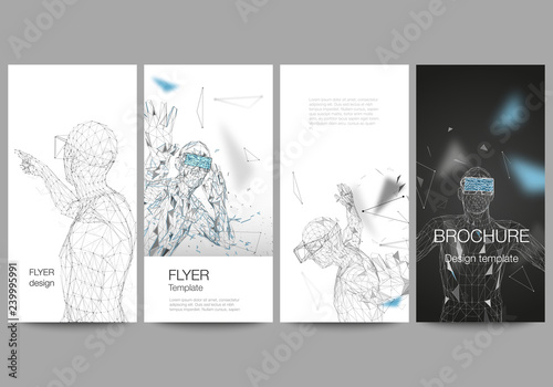 The minimalistic vector illustration of the editable layout of flyer, banner design templates. Man with glasses of virtual reality. Abstract vr, future technology concept.