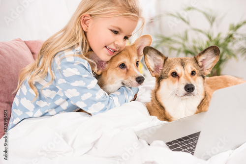 smiling child lying in bed with corgi dogs and looking at laptop