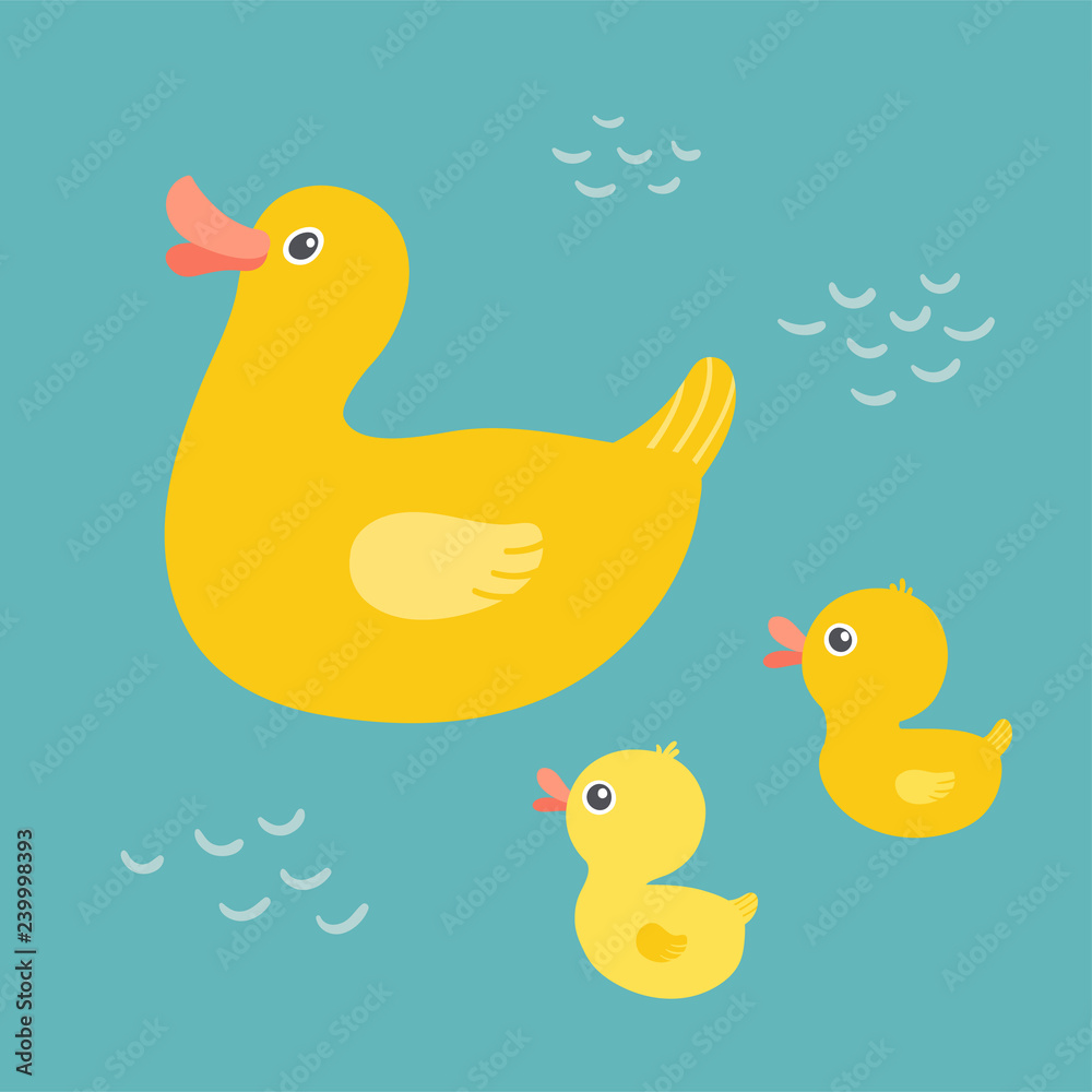 Cartoon mother duck swimming in the pond with ducklings. Rubber duck family  swimming in the bath. Mothers Day concept. Baby shower design. Clipart eps  10 illustration isolated on white background. Stock Vector