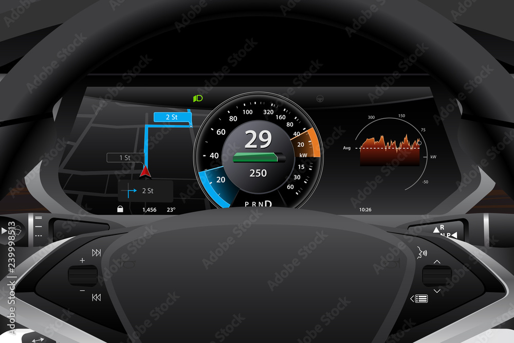 Electric car dashboard display closeup. Speedometer, navigation, battery level and efficiency indicator