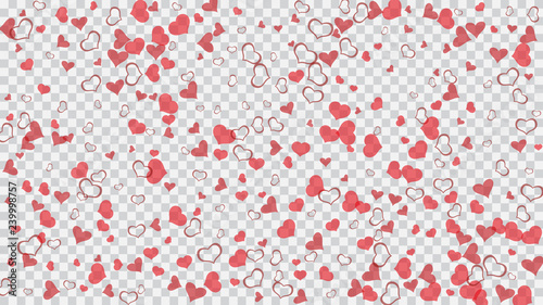 Red on Transparent fond Vector. Light background. Design element for wallpaper, textiles, packaging, printing, holiday invitation for wedding. Red hearts of confetti are falling.