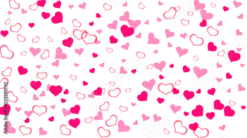Spring background. A sample of wallpaper design, textiles, packaging, printing, holiday invitation for wedding. Red on White fond Vector. Red hearts of confetti crumbled.