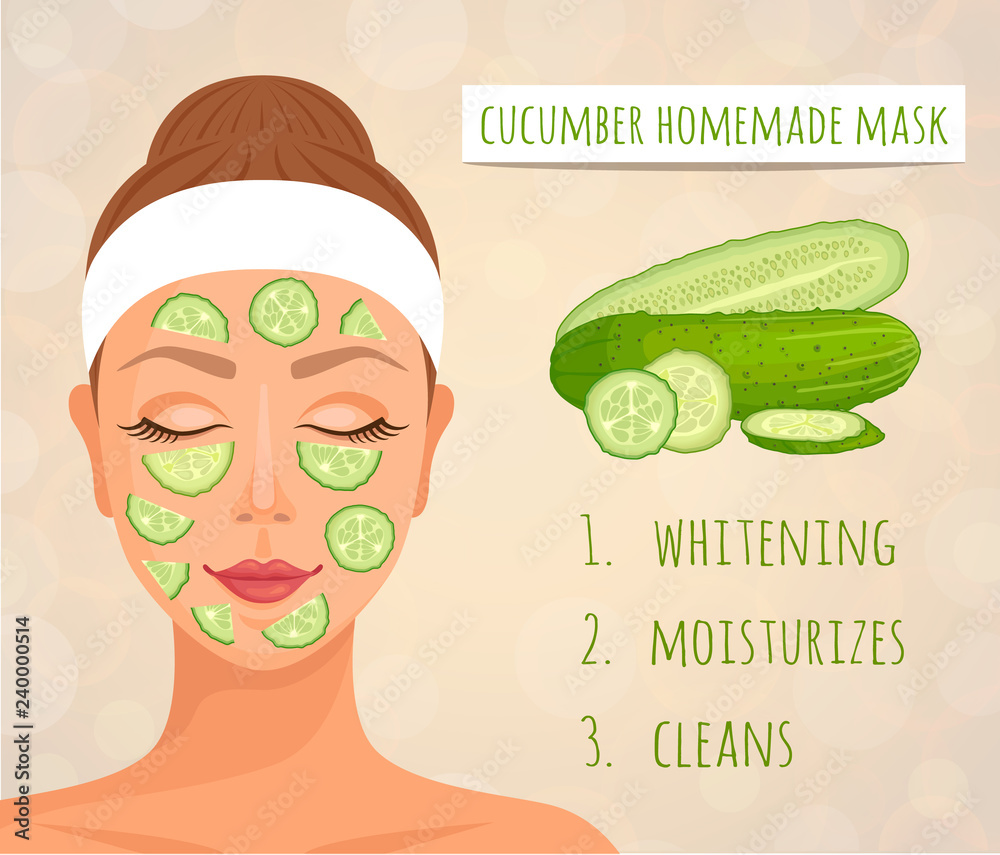 dræbe gele Indflydelsesrig Cucumber face mask its effect on the skin. A woman's face with a mask of  cucumber. Vector illustration. Natural home cosmetics. Stock Vector | Adobe  Stock