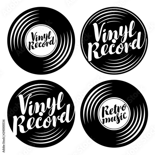 Vector black and white set of music icons in the form of vinyl records with calligraphic inscriptions Vinyl record, Retro music