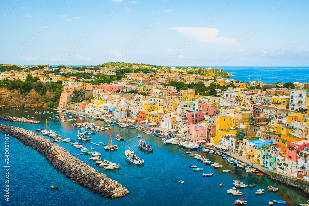 Procida, Italy-August 18, 2016: Overview of Porto Corricella in Procida Island, Italy