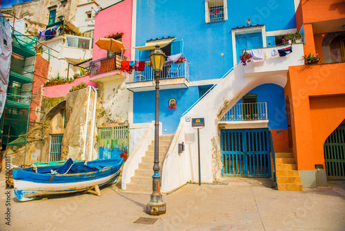 Procida, Italy-August 18, 2016: Overview of Porto Corricella in Procida Island, Italy