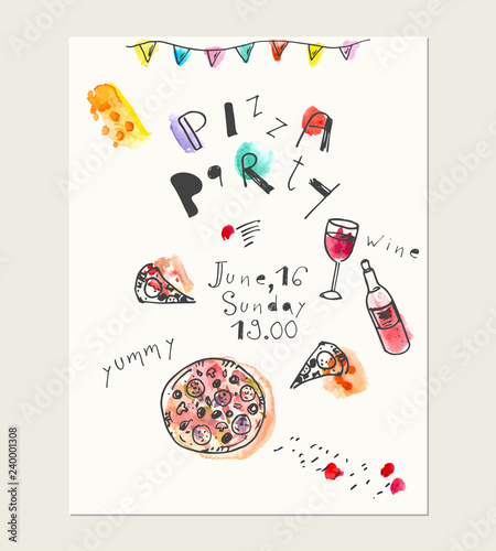 Hand drawn ink and watercolor card with doodle style illustrations.