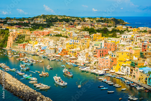 Procida, Italy-August 18, 2016: Overview of Porto Corricella in Procida Island, Italy