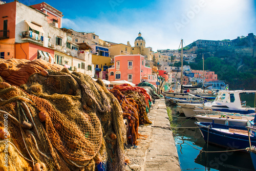 Procida, Italy-August 18, 2016: Overview of Porto Corricella in Procida Island, Italy