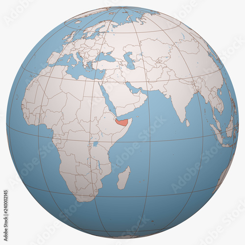 Somaliland on the globe. Earth hemisphere centered at the location of the Republic of Somaliland. Somaliland map.