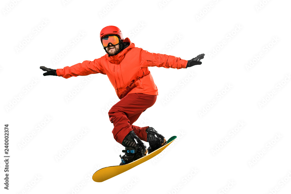 Portrait of young man in sportswear with snowboard isolated on a white studio background. The winter, sport, snowboarding, snowboarder, activity, extreme concept Portrait of young man in sportswear with snowboard isolated on a white studio background. The winter, sport, snowboarding, snowboarder, activity, extreme concept