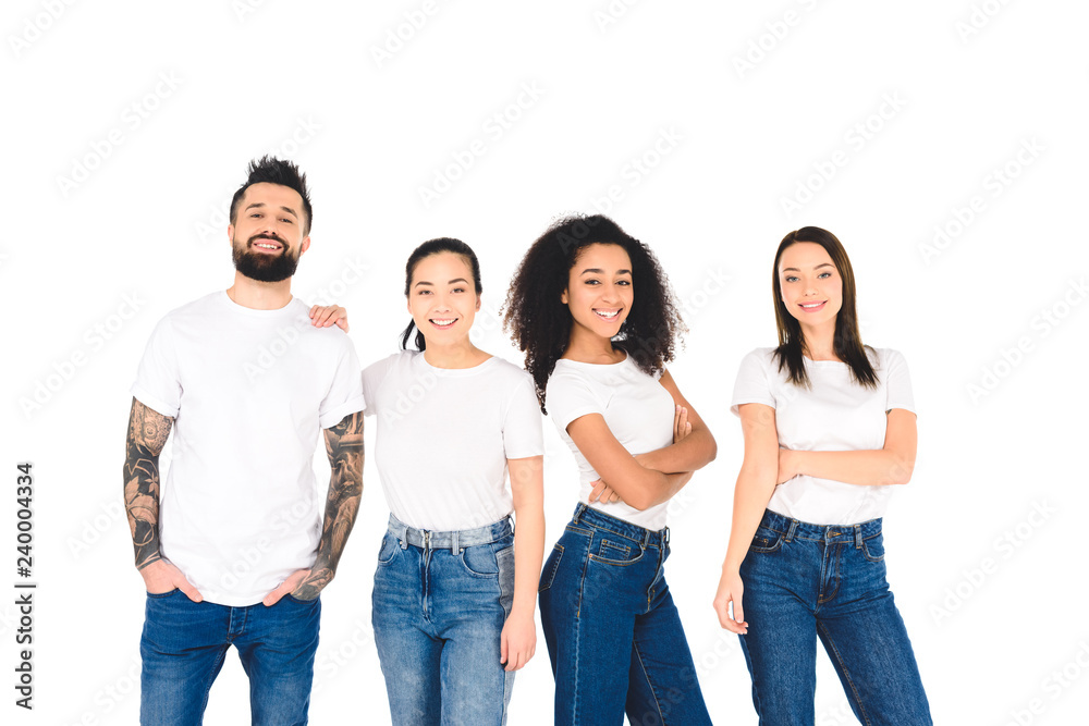 multicultural friends smiling and posing while looking at camera isolated on white multicultural friends smiling and posing while looking at camera isolated on white