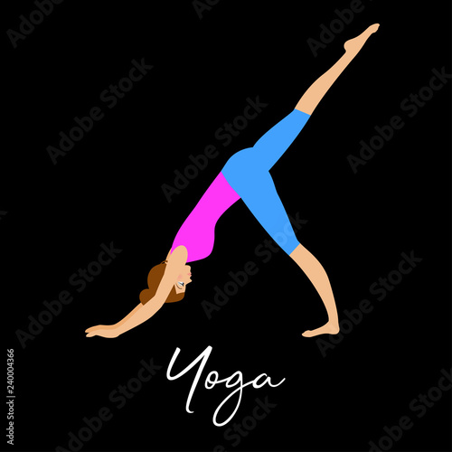 Girl practicing yoga in the gym. Cartoon bright illustraton for design yoga group card, sport class invitation, training workshop advertising, t shirt print etc.