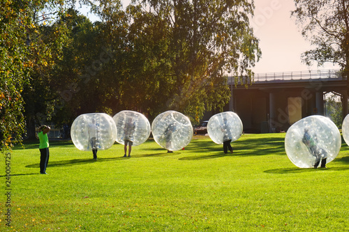 Bubble bump. Team game outdoor. Fun for teenagers. toned