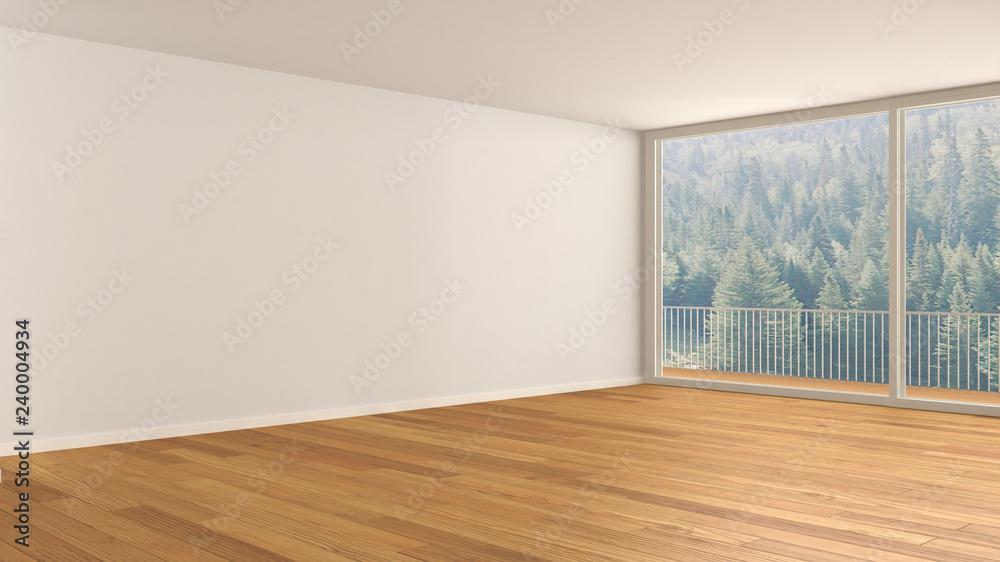 Empty room interior design, open space with big panoramic window, balcony on green meadow with trees, parquet wooden floor, modern contemporary architecture Empty room interior design, open space with big panoramic window, balcony on green meadow with trees, parquet wooden floor, modern contemporary architecture