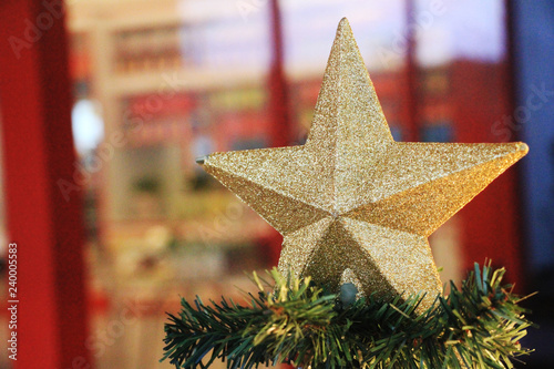 christmas and gold star on tree