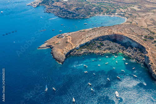Mistra Bay, Xemxija, western part of St. Paul's Bay, Northern Region, Malta. Aerial view.