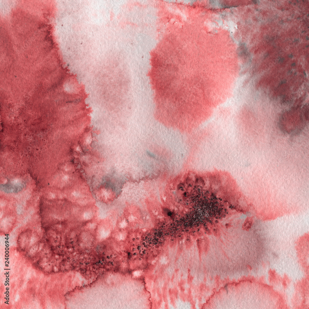 Fototapeta premium Red watercolor texture with abstract washes and brush strokes on the white paper background.