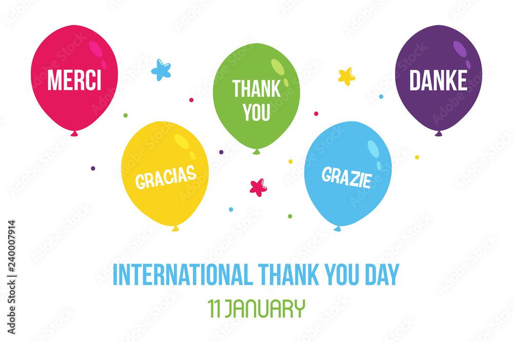 International thank you day illustration, card with cute colorful balloons with words of appreciation in different languages. International thank you day illustration, card with cute colorful balloons with words of appreciation in different languages.