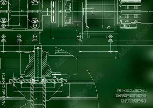 Mechanical engineering drawings. Technical Design. Engineering backgrounds. Blueprints. Green background. Grid