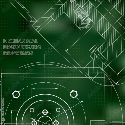Mechanics. Technical design. Cover, flyer, banner. Corporate Identity. Green background. Points