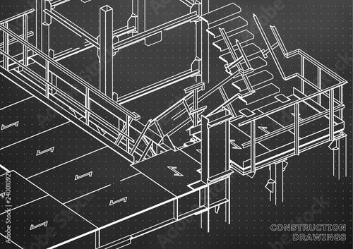 Building. Metal constructions. Volumetric constructions. 3D design. Abstract backgrounds. Black background. Points