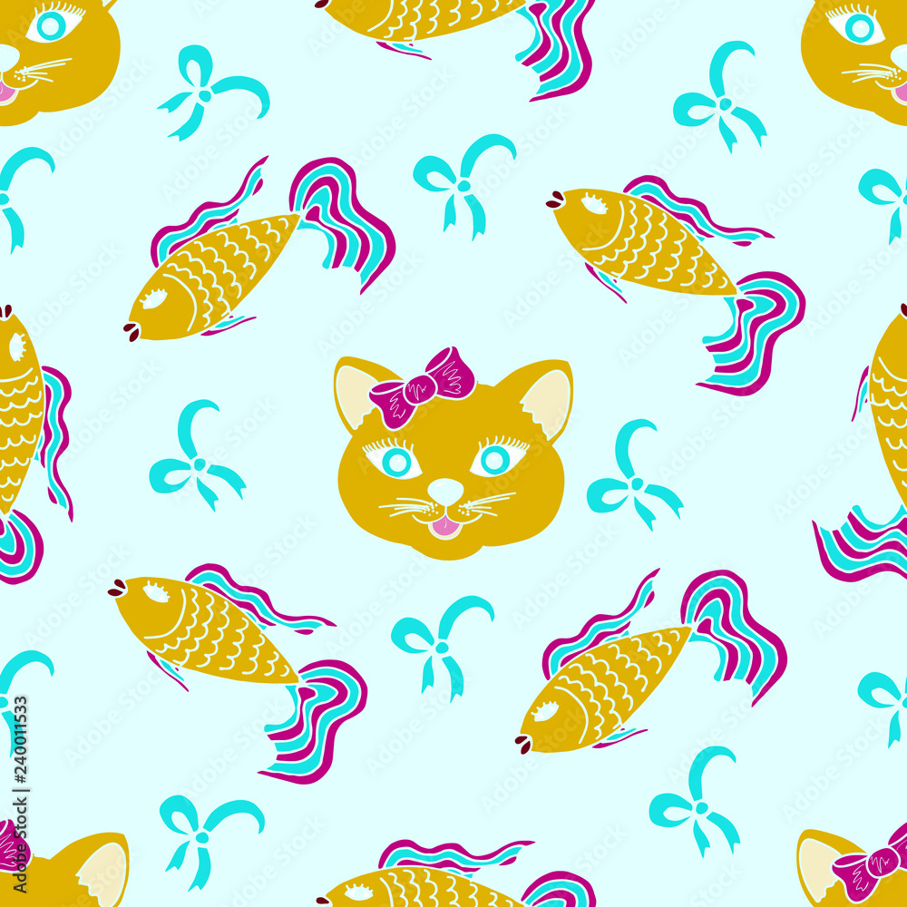 Kids, Original color drawings. Skarpbuking. Textiles, blue cartoon background. Cat, kitty, fish, goldfish, bows