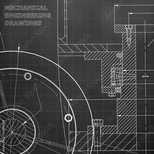 Backgrounds of engineering subjects. Technical illustration. Mechanical engineering. Black background. Grid