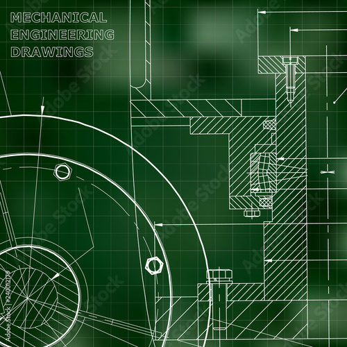 Backgrounds of engineering subjects. Technical illustration. Mechanical engineering. Green background. Grid