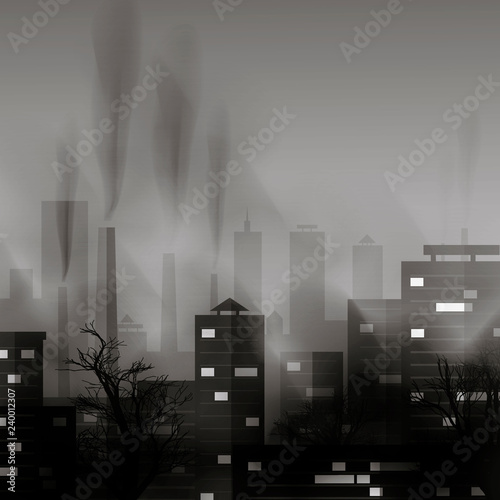 Smog polluted urban landscape. Highly polluted city with factory plants smoking towers and pipes.