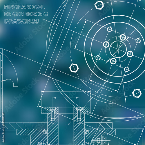 Mechanics. Technical design. Engineering. Blue background. Grid