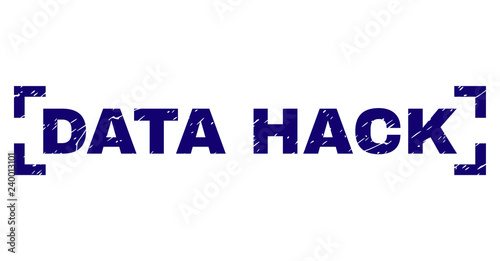DATA HACK text seal print with corroded style. Text tag is placed between corners. Blue vector rubber print of DATA HACK with corroded texture.
