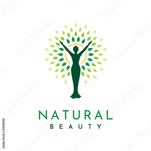 Silhouette figure, sun, and leaves for Awakening Empowering Wellness Woman relationship with Nature Logo design